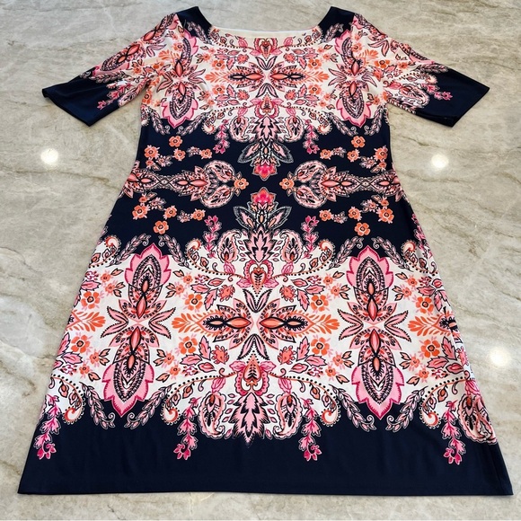 Eliza J | Multicolor Paisley & Floral Print Shift Midi Dress | Pink‎ Navy | 10 - Picture 6 of 12